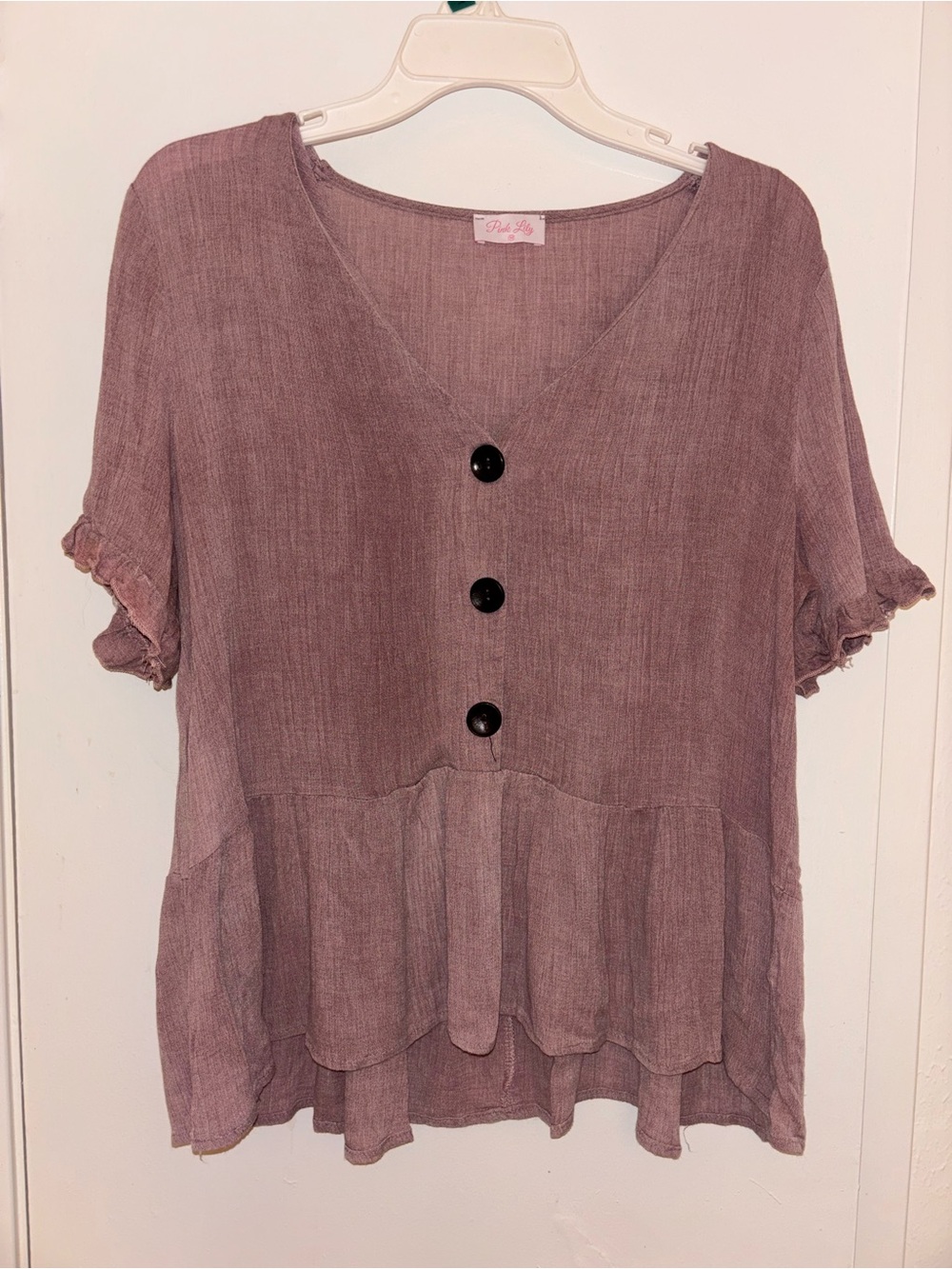 Pink Lily Mauve Button-Front V-Neck Tiered Tunic
